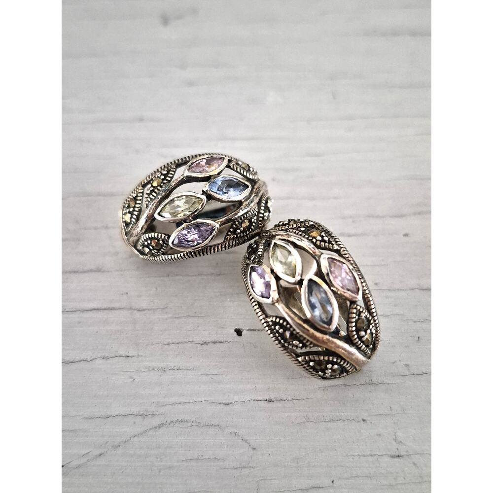 Vintage Sterling Silver Pastel Stone and Marcasite Clip On Earrings